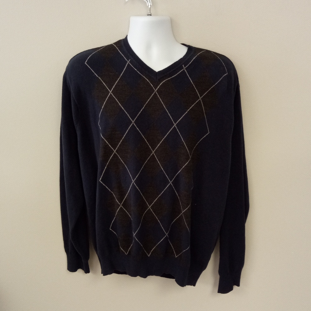 Arrow Men's Navy Blue Black Argyle Patterned V Neck Long Sleeve Sweater …